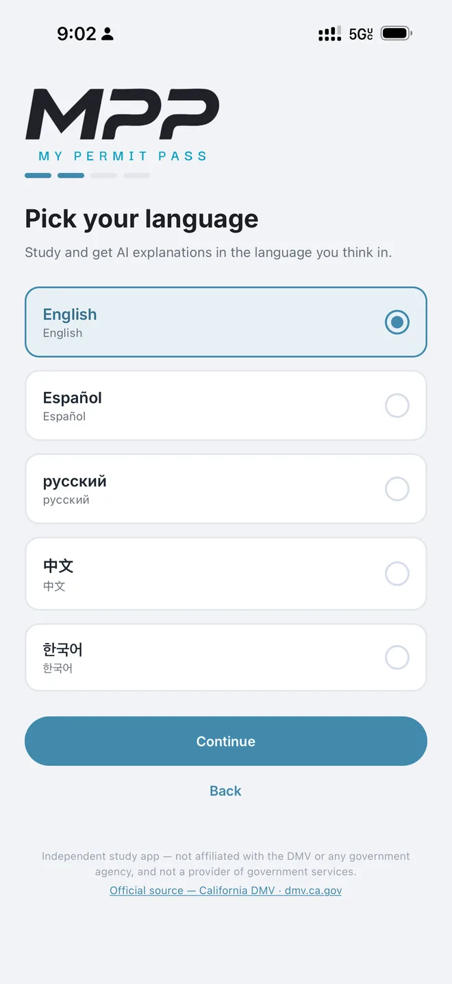 Selector de idioma en la app de My Permit Pass
