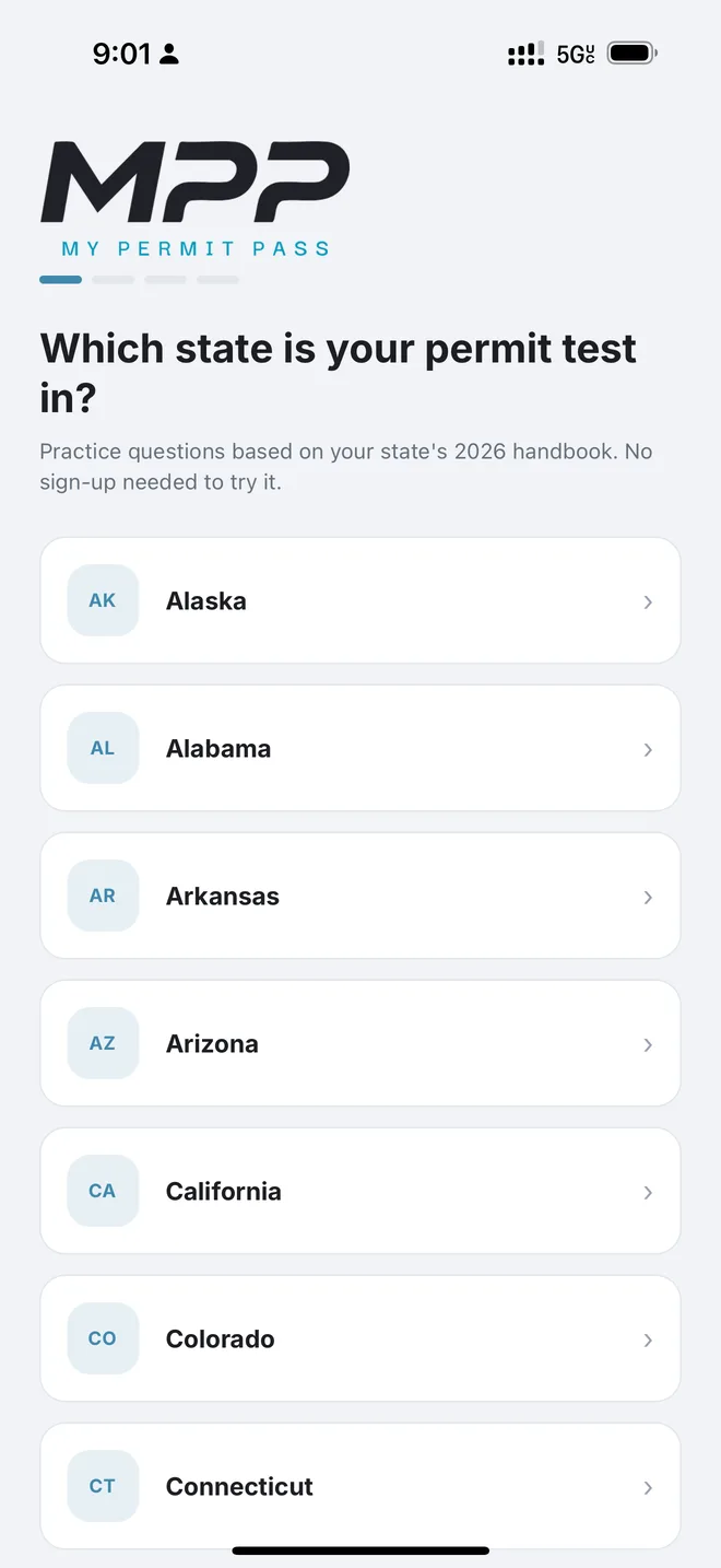 Selector de estado en la app de My Permit Pass