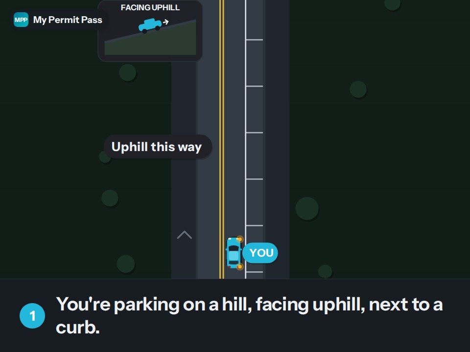 Parking uphill next to a curb