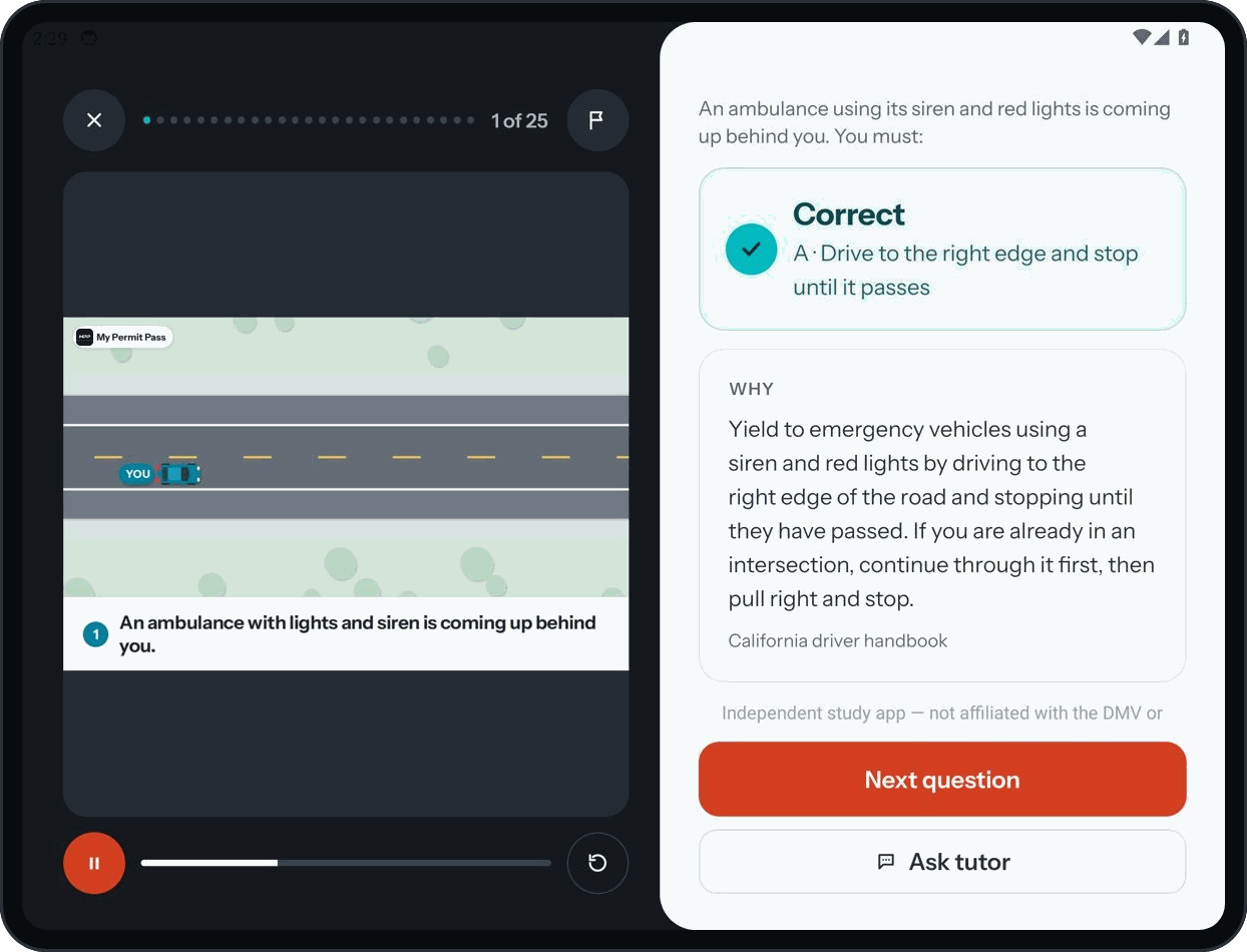 My Permit Pass on an Android foldable: then watch the road scene