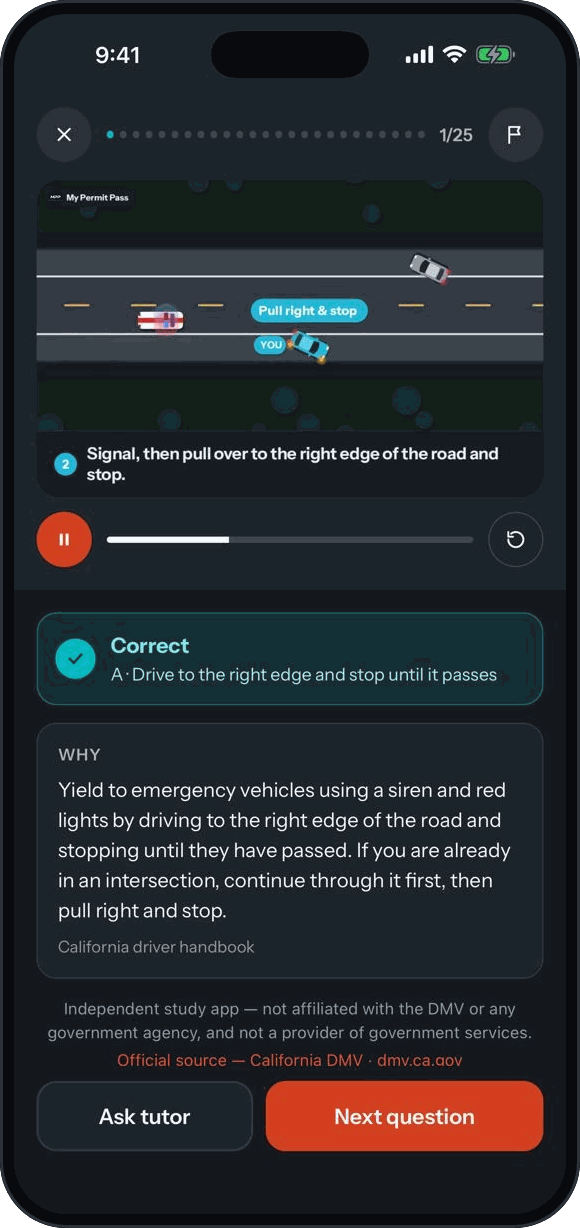 My Permit Pass on iPhone: road scene, dark mode
