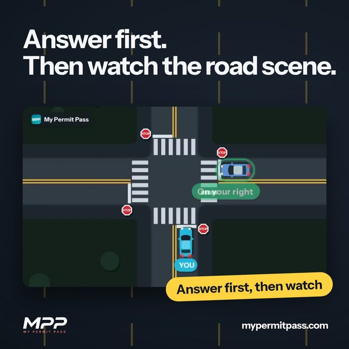 “Answer first. Then watch the road scene.” with a four-way-stop scene card