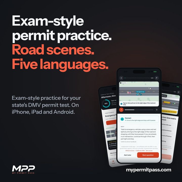 Three My Permit Pass phone screens beside “Exam-style permit practice. Road scenes. Five languages.”