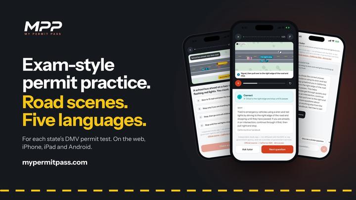 Three iPhones showing a question, a road scene and the AI tutor.