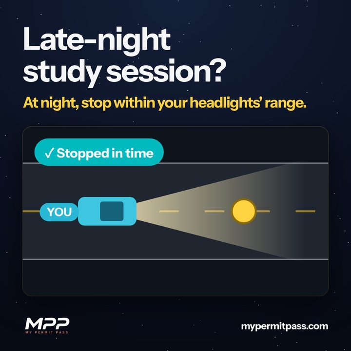 “Late-night study session?” with a night road scene where a car stops within its headlights’ range