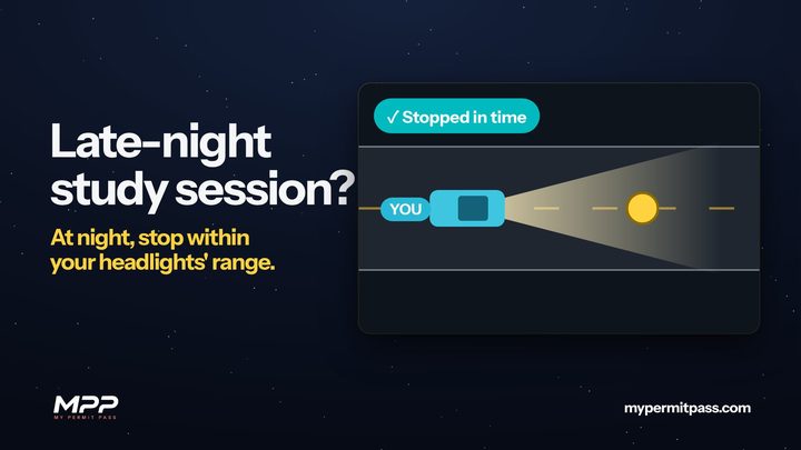 “Late-night study session?” with a night road scene where a car stops within its headlights’ range