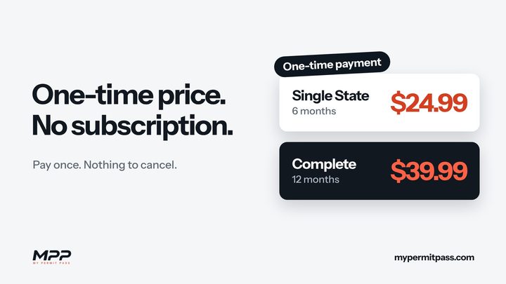 “One-time price. No subscription.” with Single State $24.99 for 6 months and Complete $39.99 for 12 months