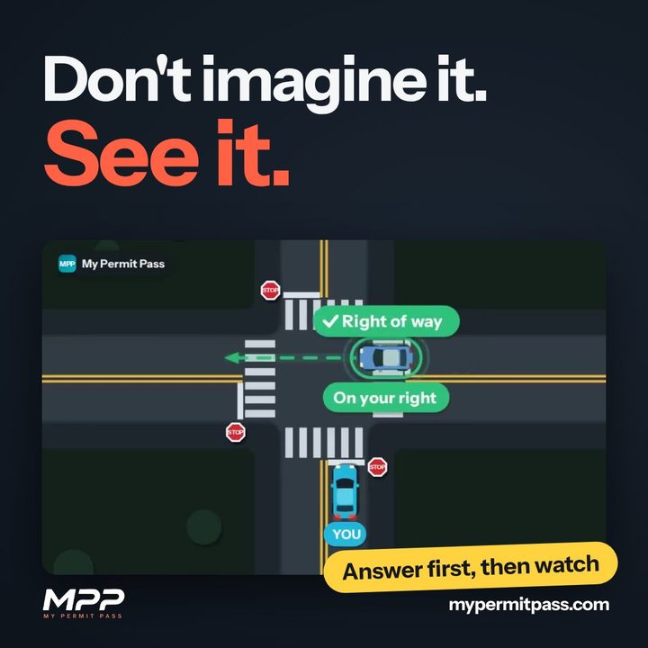 “Don't imagine it. See it.” above a four-way-stop road scene with an “Answer first, then watch” tag