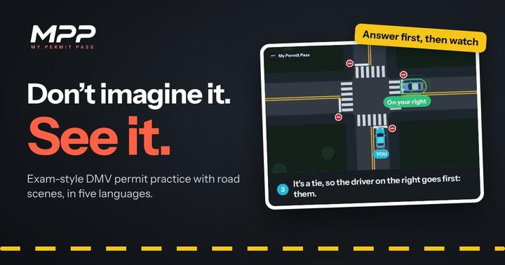 Don’t imagine it. See it. A road scene at a four-way stop.