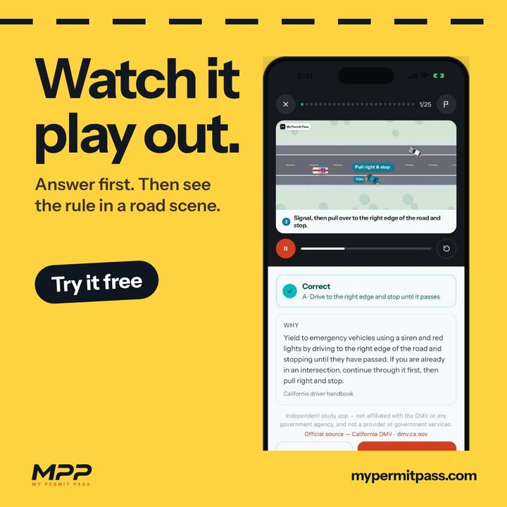 “Watch it play out.” on lane yellow with a phone showing a road scene and answer
