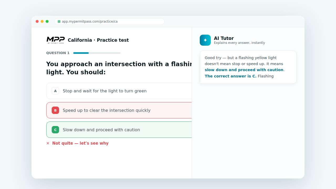 Demo video: choose your state, answer a practice question, and see the AI tutor explain the answer